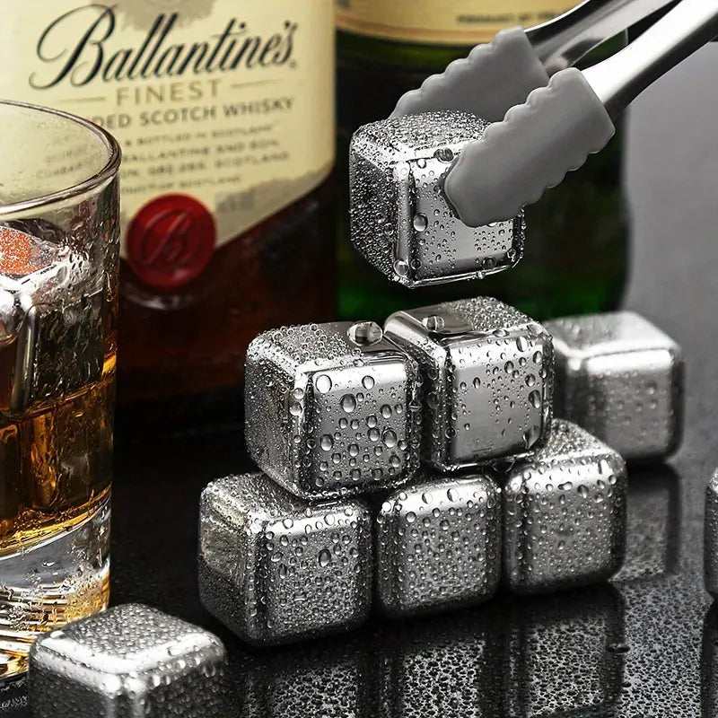6 Grid Steel Ice Cubes With Clip, Quick Frozen Iced Square Chilling Stone, Reusable Chilling Ice Cubes, Rust-proof Ice Tartar, Multipurpose Kitchen Ice Cube With Tong