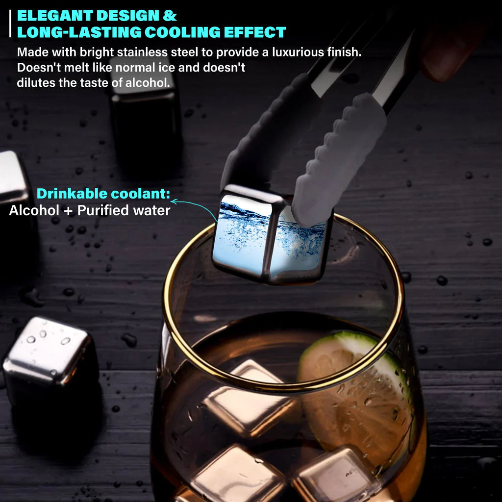 6 Grid Steel Ice Cubes With Clip, Quick Frozen Iced Square Chilling Stone, Reusable Chilling Ice Cubes, Rust-proof Ice Tartar, Multipurpose Kitchen Ice Cube With Tong