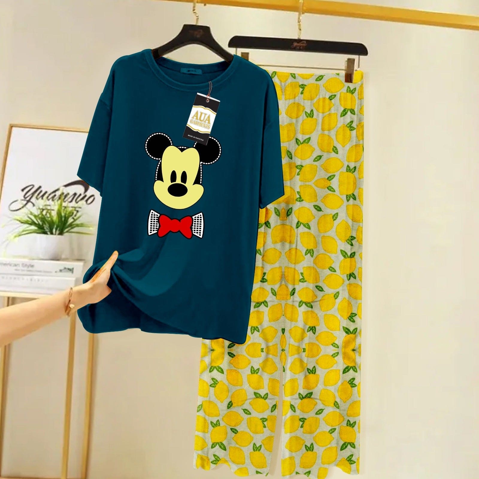 Micky Mouse Summer Nightsuit, Comfortable Women Nightwear, Comfy Casual Round Neck Suit, Paneled Baggy Sleepwear