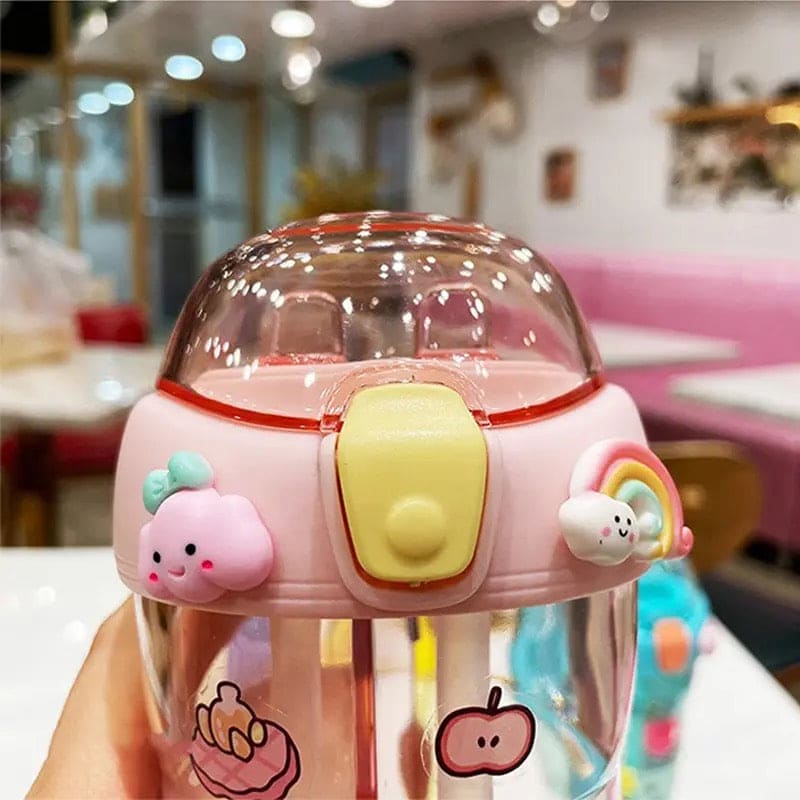 Cute Double Drinking Water Bottle, 430Ml Dual Straw Bottle, Cartoon Sticker Water Bottle, Student Couple Plastic Cup, Transparent Portable Cute Cup with Straw, Double Plastic Sports Cute Water Bottle, Portable Children's Sippy Cup