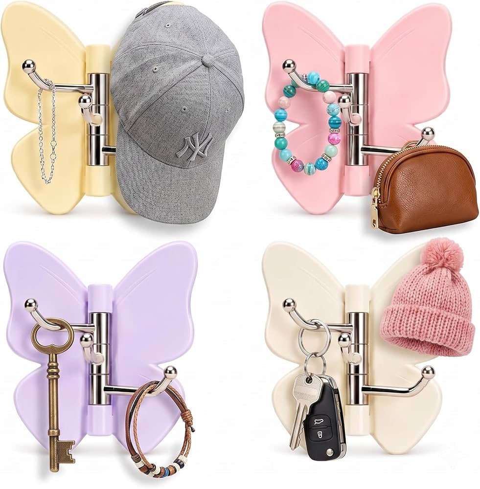 Set of 3 360 Rotating Butterfly Wall Hooks, Self Adhesive Heavy Duty Hanger, Wall Mounted Utensils Organizer, Multi Purpose Door Keys Towels Clothes Hooks