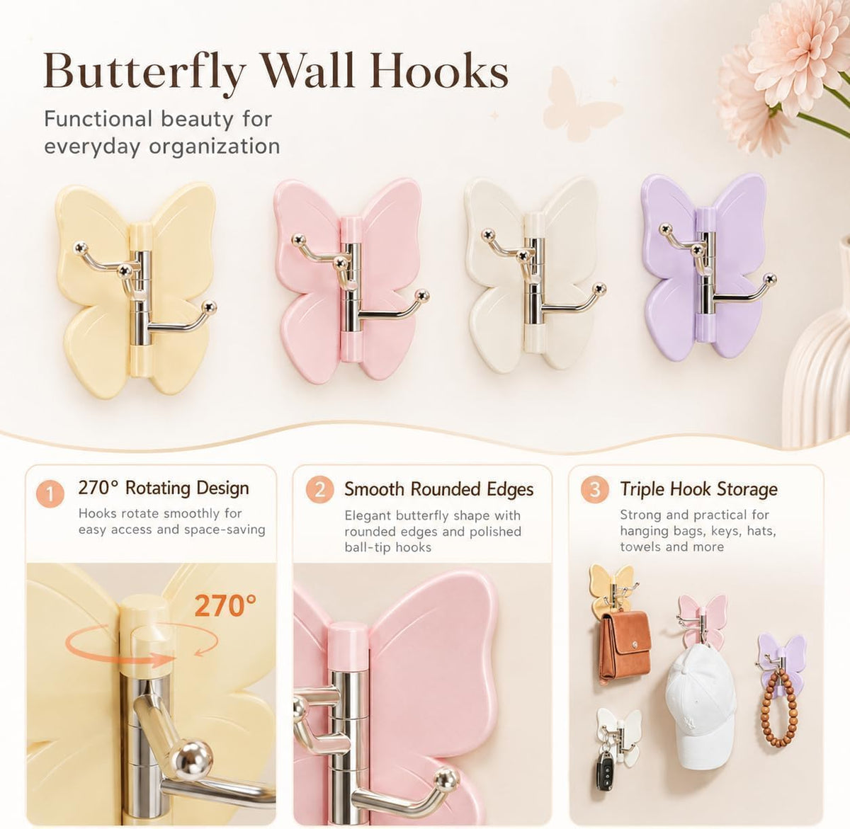 Set of 3 360 Rotating Butterfly Wall Hooks, Self Adhesive Heavy Duty Hanger, Wall Mounted Utensils Organizer, Multi Purpose Door Keys Towels Clothes Hooks