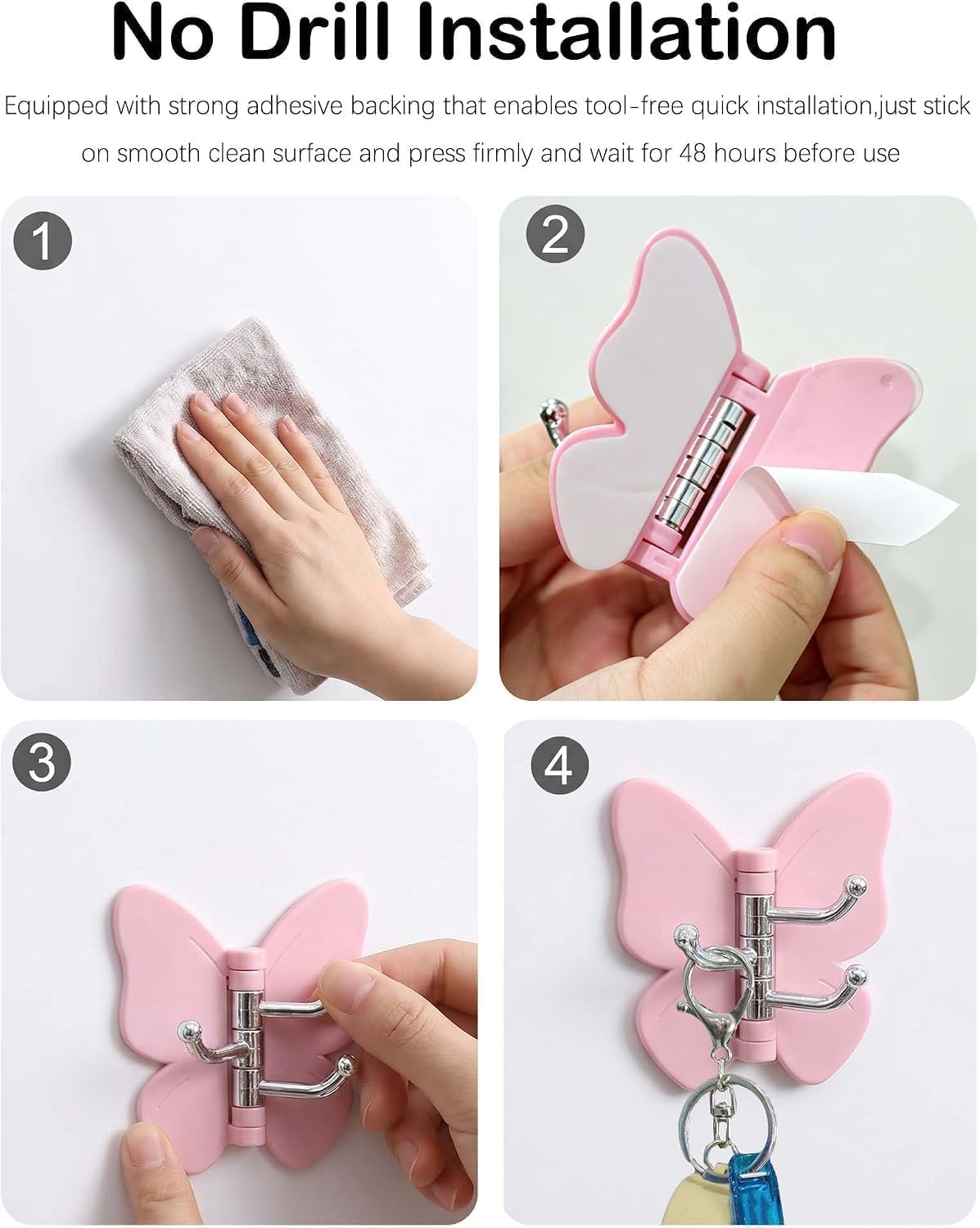 Set of 3 360 Rotating Butterfly Wall Hooks, Self Adhesive Heavy Duty Hanger, Wall Mounted Utensils Organizer, Multi Purpose Door Keys Towels Clothes Hooks