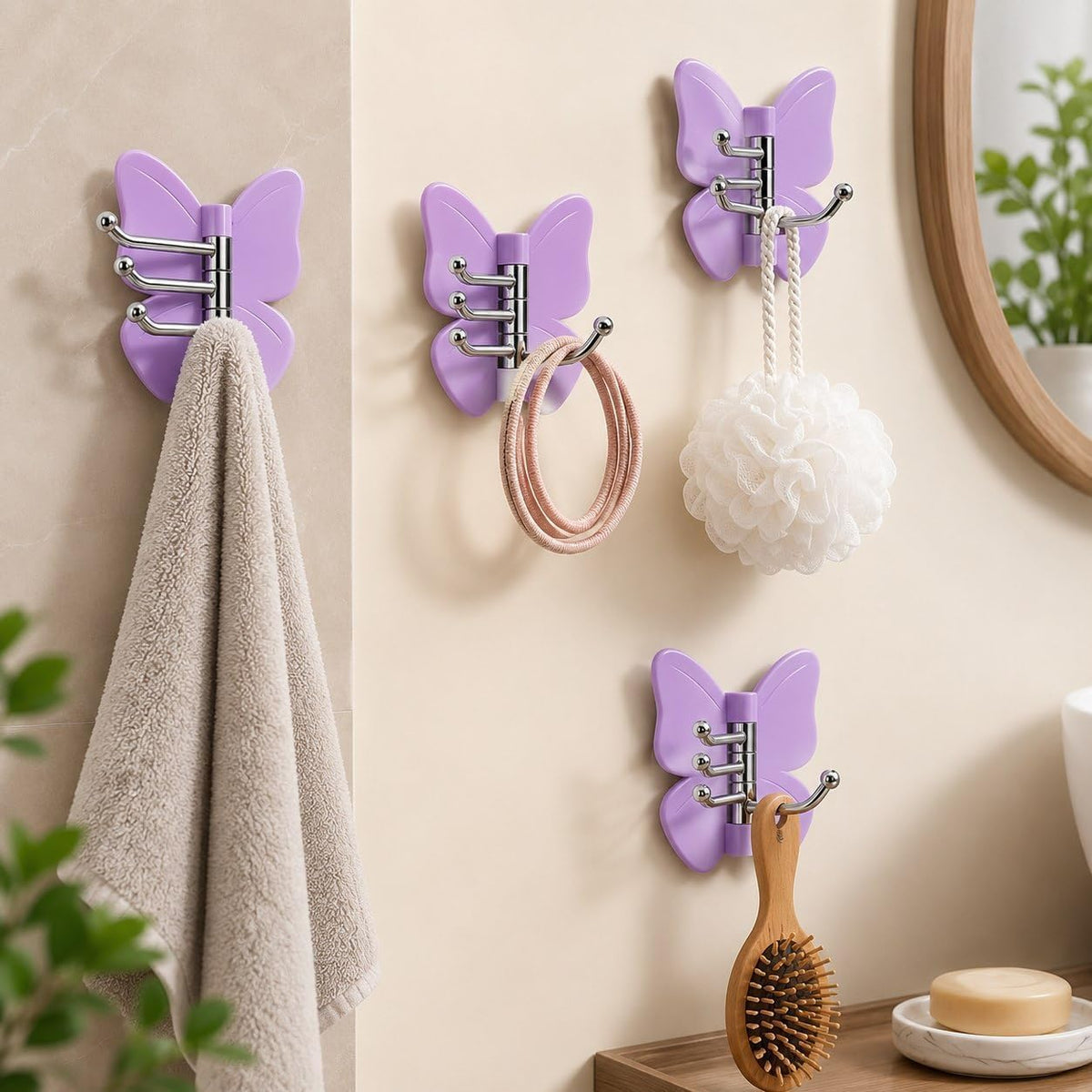Set of 3 360 Rotating Butterfly Wall Hooks, Self Adhesive Heavy Duty Hanger, Wall Mounted Utensils Organizer, Multi Purpose Door Keys Towels Clothes Hooks