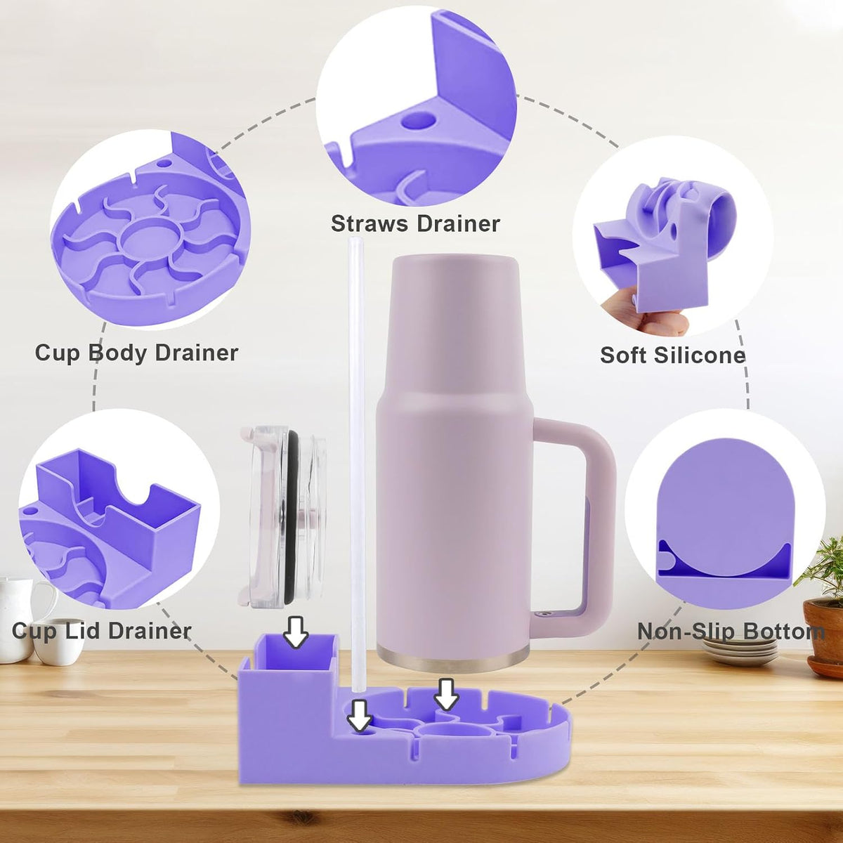 Silicone Tumbler Drying Rack with Lid and Straw Holder, 2 In 1 Tumbler Drying Stand with Lid Holder, Cup Dryer and Straw Organizer, Multifunctional Water Bottle Drying Station