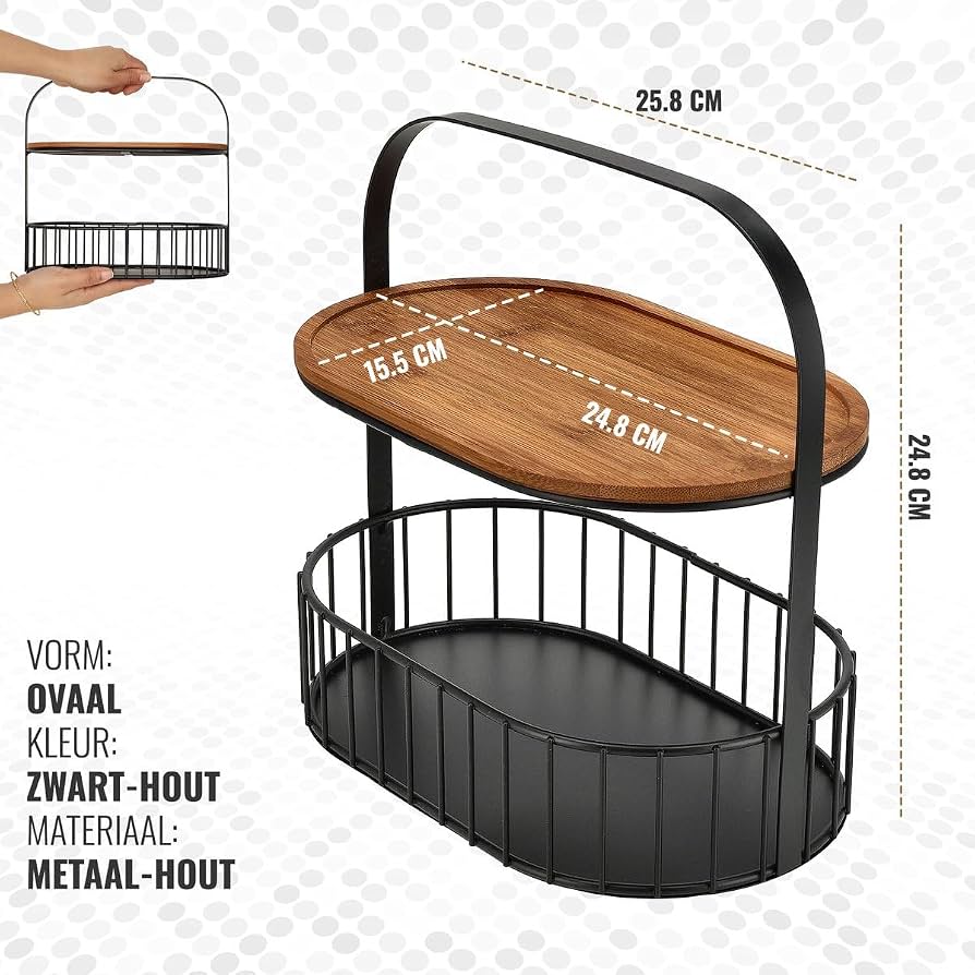 2 Tier Kitchen Storage Basket with Wooden Tray, Multifunctional Countertop Organizer with Handle, Metal Wire Storage Basket with Wooden Top