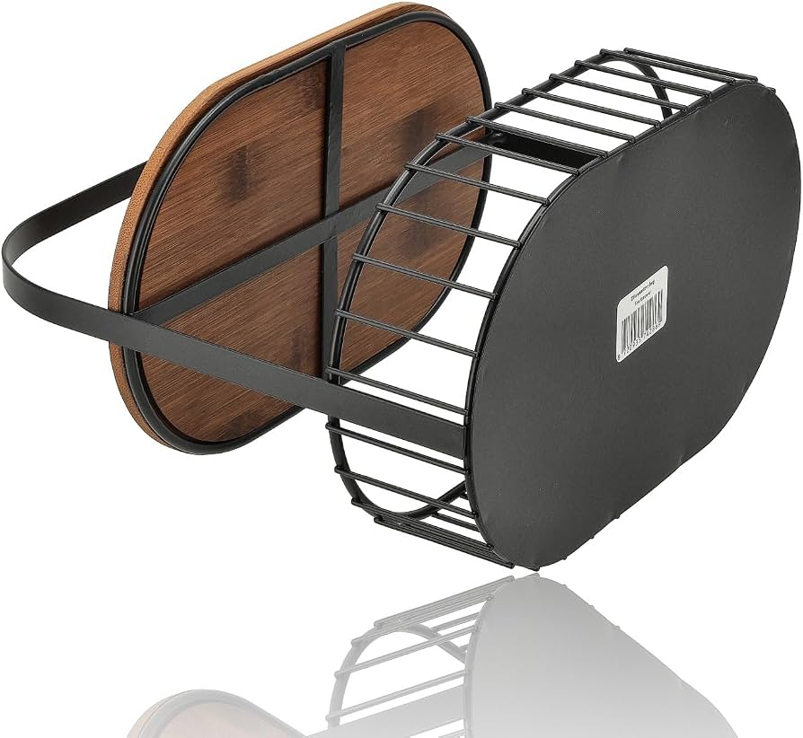 2 Tier Kitchen Storage Basket with Wooden Tray, Multifunctional Countertop Organizer with Handle, Metal Wire Storage Basket with Wooden Top