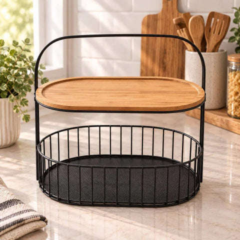 2 Tier Kitchen Storage Basket with Wooden Tray, Multifunctional Countertop Organizer with Handle, Metal Wire Storage Basket with Wooden Top