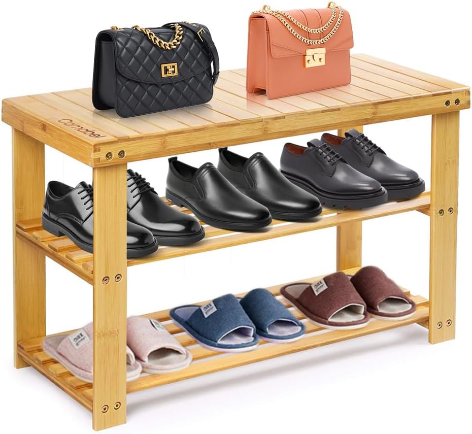 2 Tier Bamboo Shoe Rack Bench with Shelves, Space Saving Bamboo Shoe Organizer Bench, Multipurpose Bamboo Shoe Organizer with Bench, Wooden Entryway Shoe Rack with 2 Tier Storage