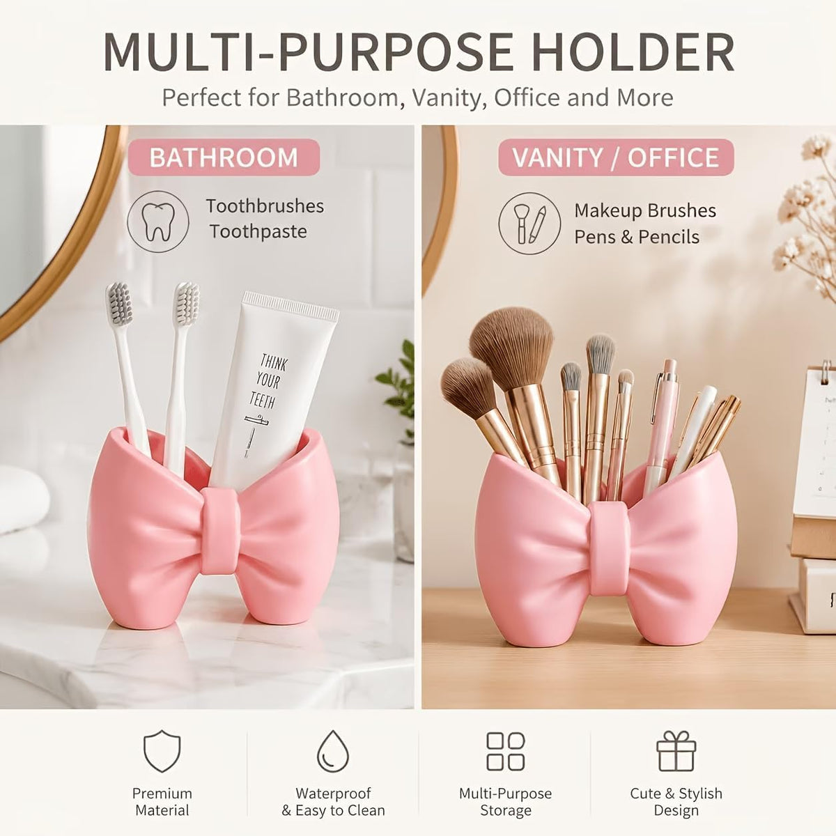Adorable Bow Shaped Makeup Brush Organizer, Cute Bow Toothbrush and Toothpaste Holder, Multifunctional Bow Shaped Desk Organizer