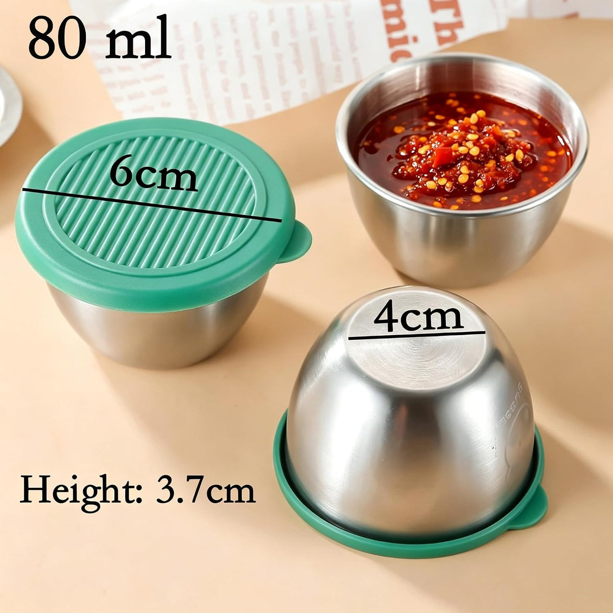 Pack of 4 80ml Sauce Cups with Lids, Stainless Steel Condiment Containers for Lunch Box, Leakproof Small Sauce Cups, Mini Round Food Storage Containers, Reusable Lunch Box Bowls For Ketchup