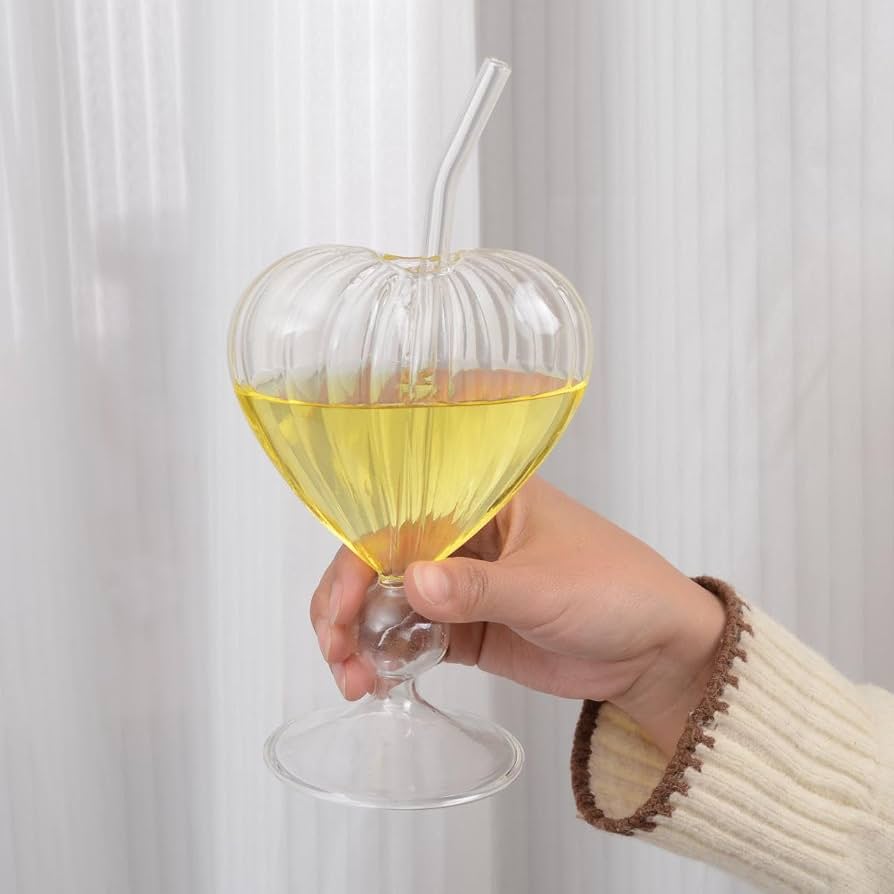 Heart Shaped Ribbed Glass Mug with Straw, Aesthetic Glass Drinking Goblet with Straw, 3D Heart Shaped Glass Drink ware, Transparent Heart Glass Cup with Straw