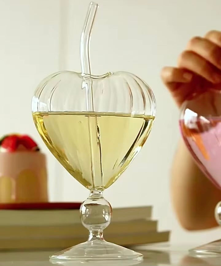 Heart Shaped Ribbed Glass Mug with Straw, Aesthetic Glass Drinking Goblet with Straw, 3D Heart Shaped Glass Drink ware, Transparent Heart Glass Cup with Straw