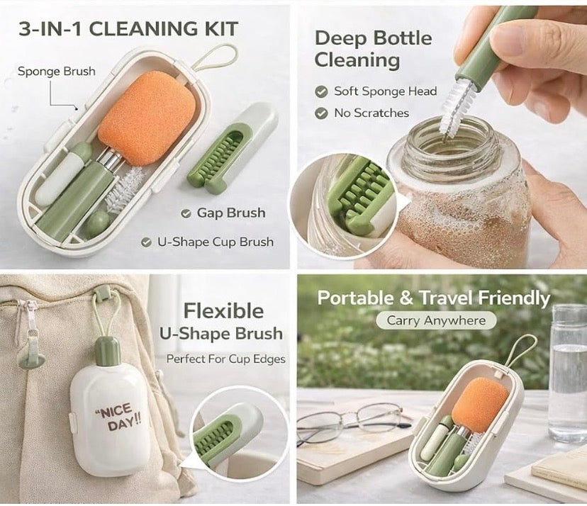 3 in 1 Bottle Cleaning Brush Kit Cup, Portable Cleaning Brush Set with Sponge, U Shape Bottle Cup Brush, Travel Friendly Bottle Cleaning Brush Kit with Storage Box