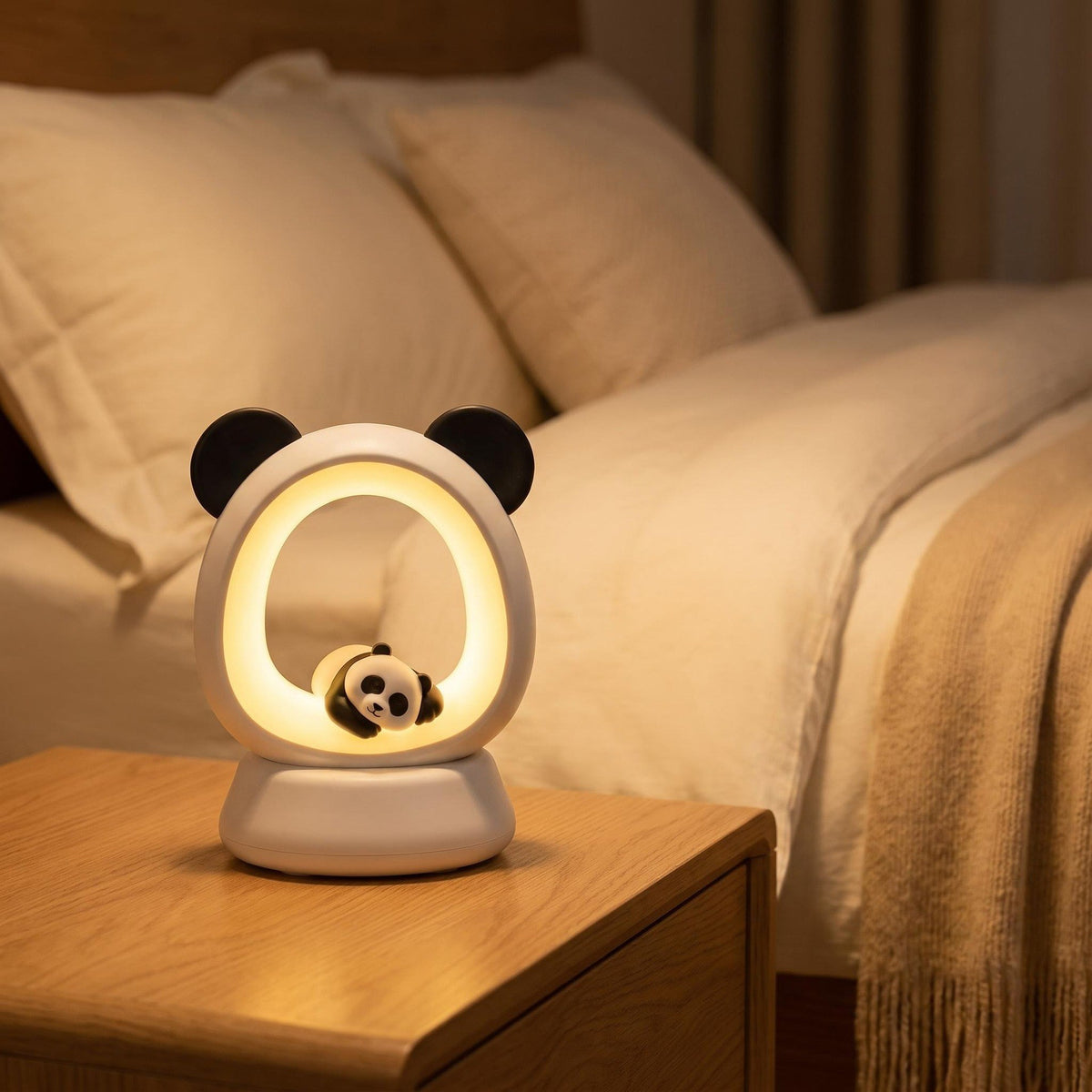 Cute Panda LED Night Light with Warm Glow, Panda Shaped Ambient LED Bedside Lamp, Panda Ring LED Night Lamp with Warm Light