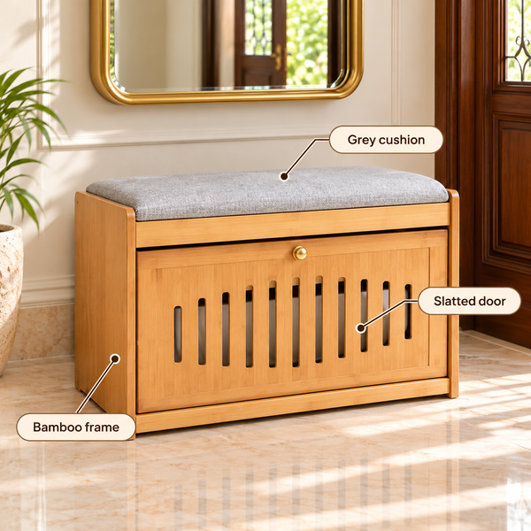 Bamboo Storage Bench with Slatted Door and Cushion, Wooden Shoe Cabinet with Padded Cushion, Multipurpose Shoe Storage Cabinet