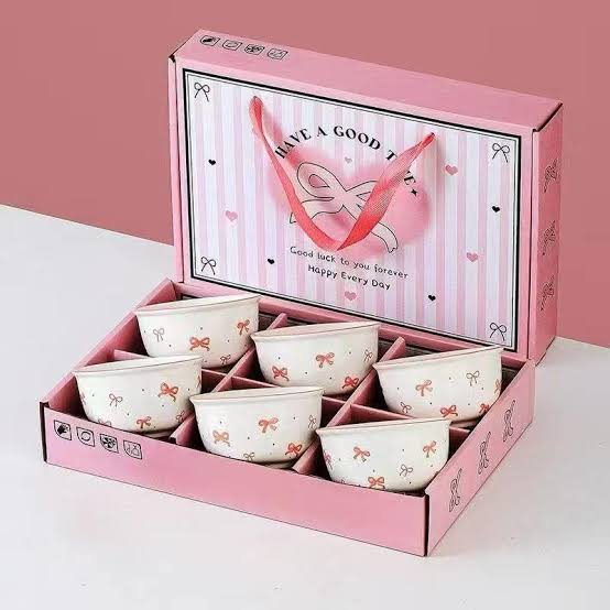 6pcs Ceramic Bowl Set with Pink Bow Design, Cute Bow Printed Ceramic Serving Bowls, Pink Ribbon Design Dessert Bowl Set