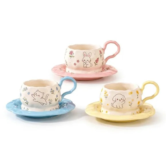 Floral Animal Print Coffee Cup With Saucer Set, Kawaii Animal Tea Cup Set with Saucer, 250ml Cute Cartoon Coffee Cup Set