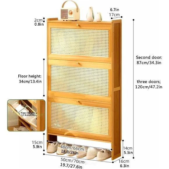 3 Tier Bamboo Rattan Shoe Storage Cabinet, Natural Bamboo Flip Door Shoe Rack Organizer,  Wooden Rattan Shoe Storage Rack, Space Saving Bamboo Shoe Cabinet with Mesh Doors