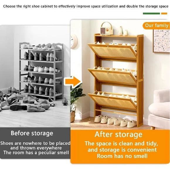 3 Tier Bamboo Rattan Shoe Storage Cabinet, Natural Bamboo Flip Door Shoe Rack Organizer,  Wooden Rattan Shoe Storage Rack, Space Saving Bamboo Shoe Cabinet with Mesh Doors