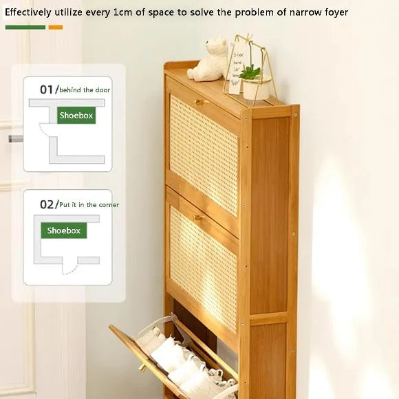 3 Tier Bamboo Rattan Shoe Storage Cabinet, Natural Bamboo Flip Door Shoe Rack Organizer,  Wooden Rattan Shoe Storage Rack, Space Saving Bamboo Shoe Cabinet with Mesh Doors