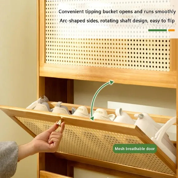 3 Tier Bamboo Rattan Shoe Storage Cabinet, Natural Bamboo Flip Door Shoe Rack Organizer,  Wooden Rattan Shoe Storage Rack, Space Saving Bamboo Shoe Cabinet with Mesh Doors