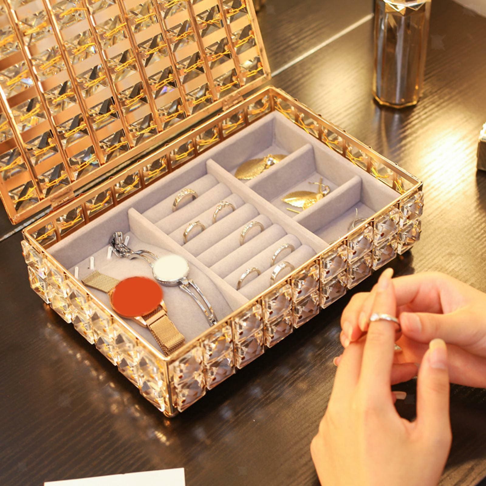 Cab Lock Crystal Jewellery Box, Portable Rectangular Crystal Jewellery Organizer, Desk Topper Decor Jewellery Display Case, Crystal Hollow Jewellery Holder, Nordic Personalized Jewellery Box