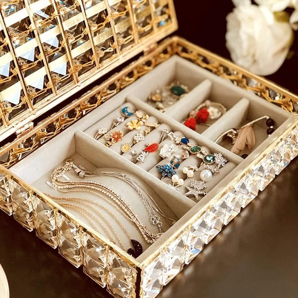 Cab Lock Crystal Jewellery Box, Portable Rectangular Crystal Jewellery Organizer, Desk Topper Decor Jewellery Display Case, Crystal Hollow Jewellery Holder, Nordic Personalized Jewellery Box