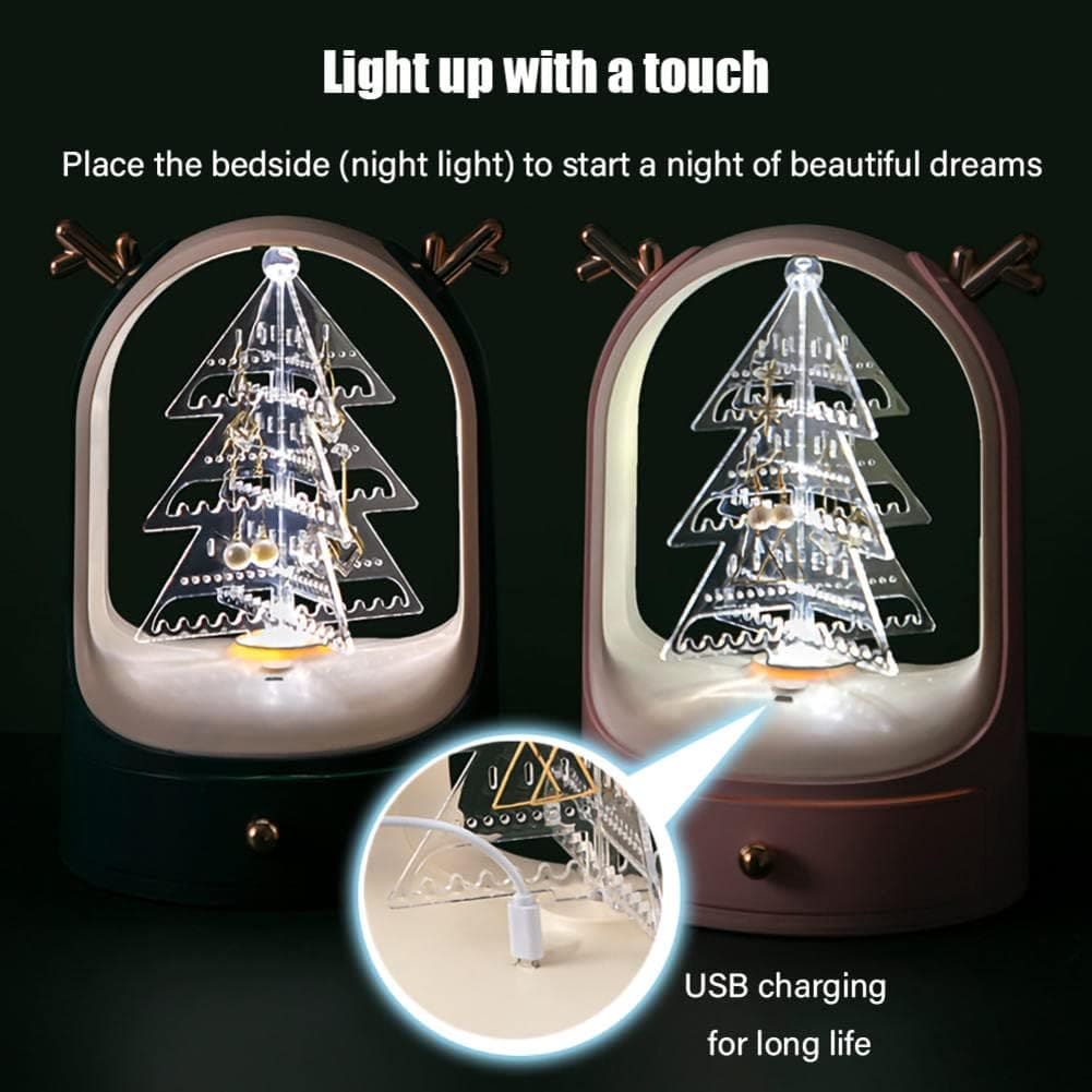 Christmas Tree Drawer Jewellery Organizer,  3 Layer Rotating Jewelry Tower, Tree Antler Shape Ring Earring Necklace Display Container, Multilayer Transparent Rotary Jewelry Box, Moon Light Exquisite Jewellery Necklace Rack