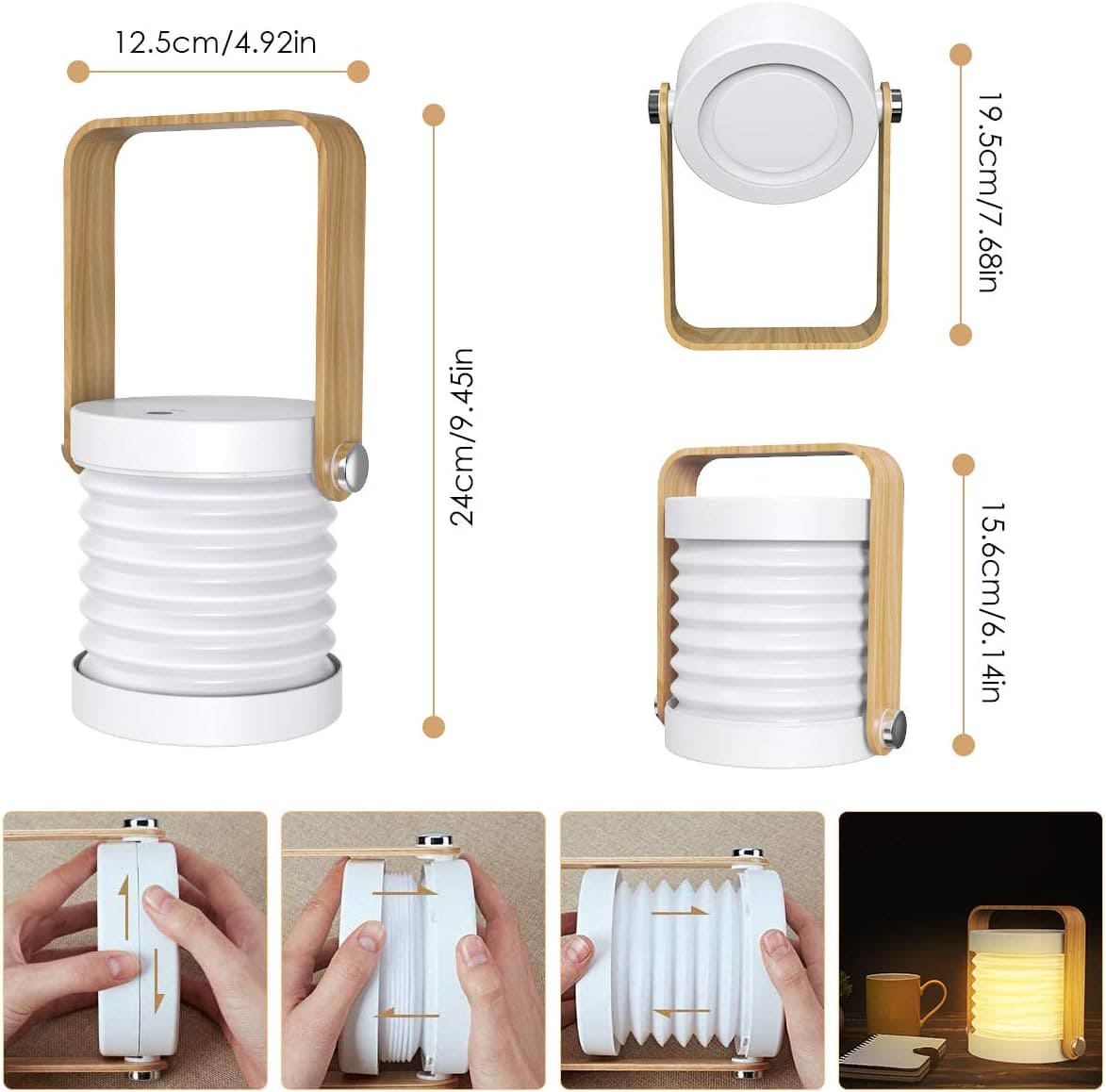 4 In 1 Foldable Table Lamp, Touch Dimmable LED Portable Lantern Light, Rechargeable Camping Lantern Night Light, Wooden Handle Telescopic Lantern Light, Touch Control Dimmable 3 Level Night Light