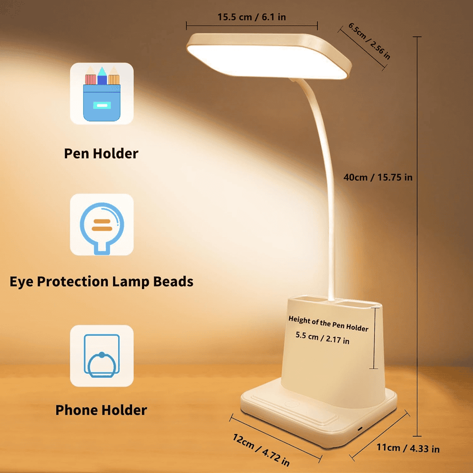 LED Table Lamp With Pen Holder, Long Bright Learning Light, Touch Control Night Light, Rechargeable Study Lamp, 3 Modes Dimming Bedside Light, Adjustable Gooseneck Reading Lamp