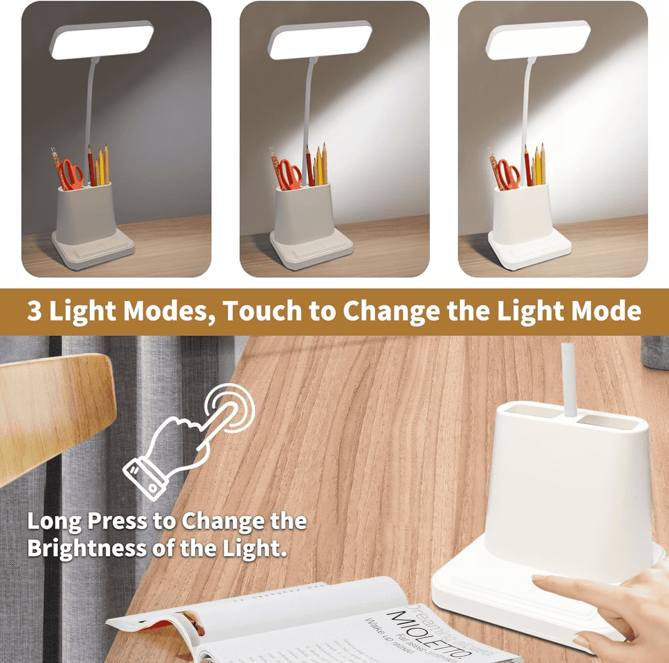 LED Table Lamp With Pen Holder, Long Bright Learning Light, Touch Control Night Light, Rechargeable Study Lamp, 3 Modes Dimming Bedside Light, Adjustable Gooseneck Reading Lamp