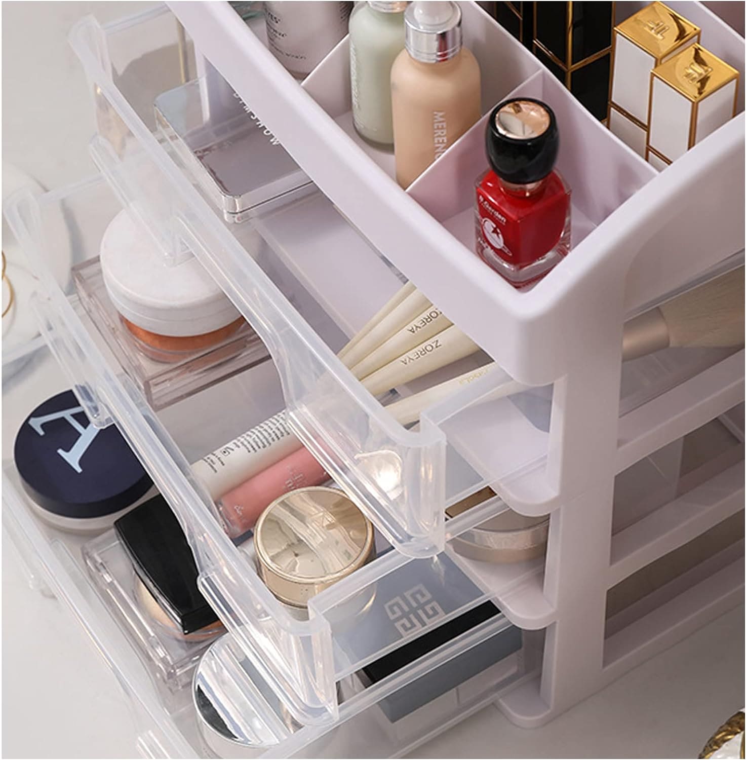 Transparent Beauty Counter, Desktop Sundries Storage Box, Dressing Table Storage Rack, Multifunction Desktop Drawer Jewelry Makeup Holder, Four Layer Three Drawer Plastic Box