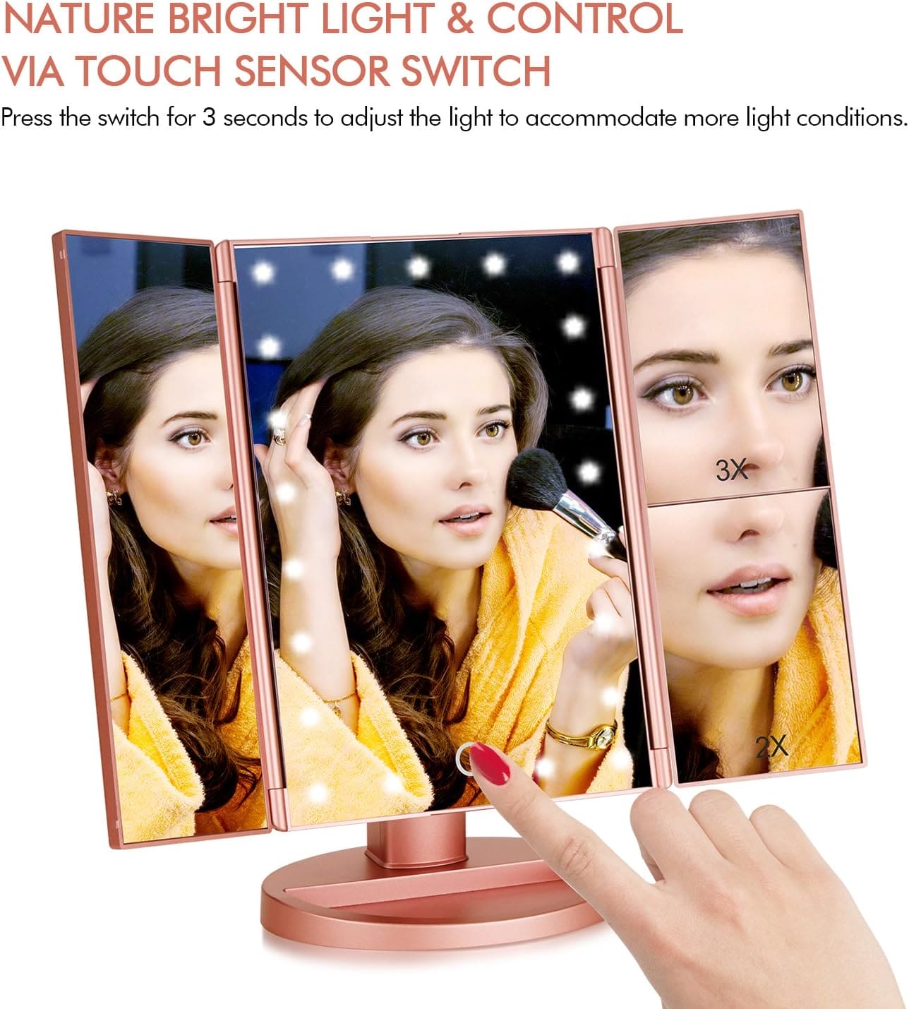 LED Zooming Mirror, 22 LED Light Makeup Mirror, Magnifying Cosmetic Mirror, 180 Rotation Adjustable Touch Dimmer Table Makeup Mirrors, Tri Fold Makeup Mirror, Smart Complementary Makeup Mirror, Vanity Dimmer Beauty Table Mirror