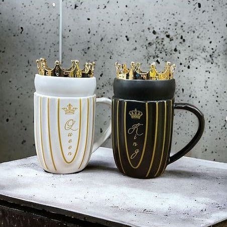 King Queen Couple Mug, Elegant Ceramic Mugs With Crown Lid, King and Queen Camping Ceramic Coffee Mugs