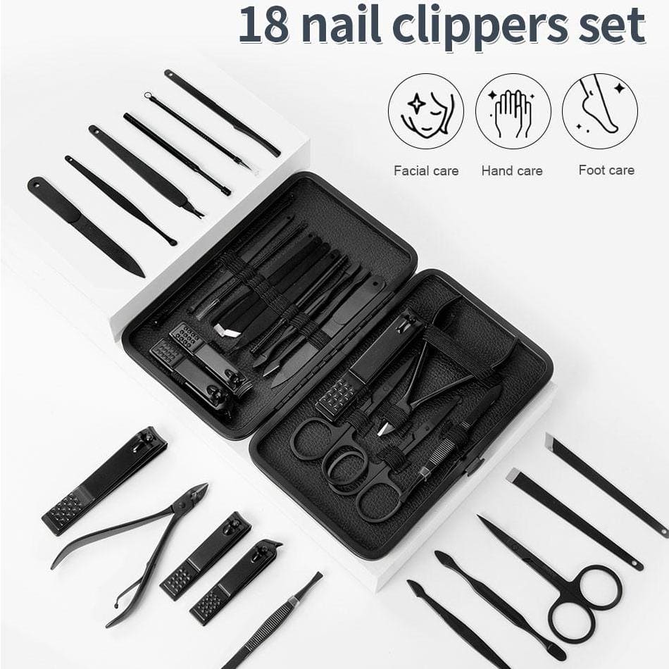 Set Of 18 Classic Black Nail Clipper, Hand Feet Facial Accessories, Stainless Steel Pedicure Kit, Nippers Trimmer Care Tool With Travel Case Kit, Household Pedicure Kit