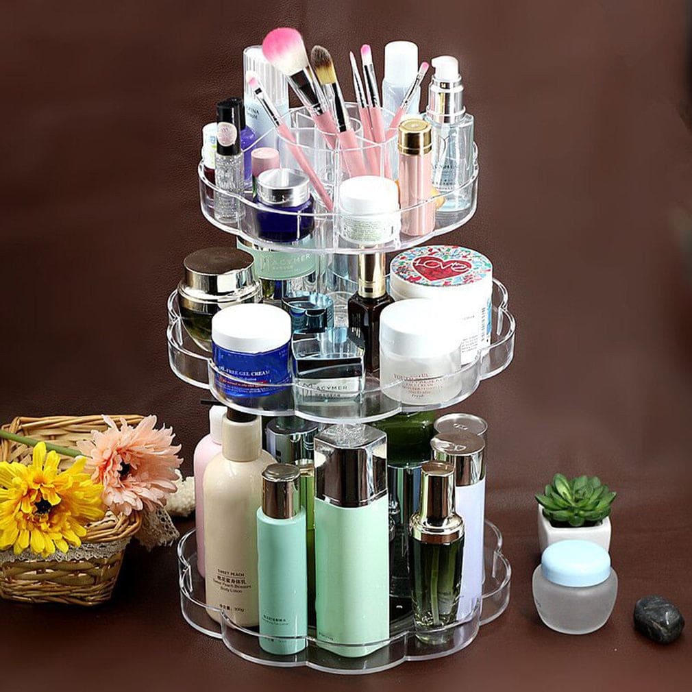 3 Layer Acrylic Blossom Makeup Organizer, Transparent 360 Rotating Cosmetic Holder, Multifunctional Cosmetic Jewellery Storage Bracket, Cosmetic Storage Countertop Organizer, Crystal Makeup Display Stand
