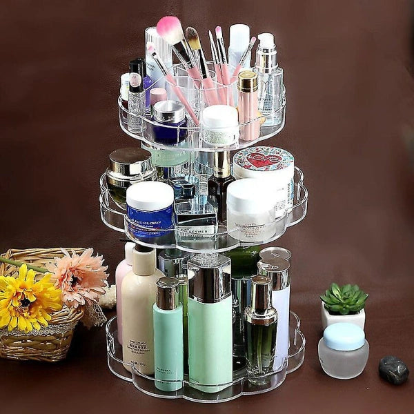 3 Layer Acrylic Blossom Makeup Organizer, Transparent 360 Rotating Cosmetic Holder, Multifunctional Cosmetic Jewellery Storage Bracket, Cosmetic Storage Countertop Organizer, Crystal Makeup Display Stand