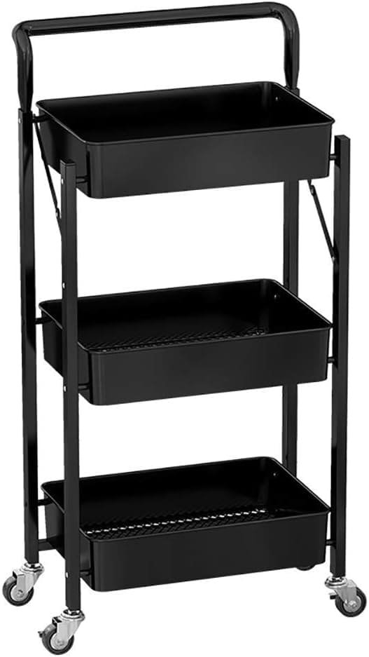 3 Tier Flexible Food Trolley, Home Snack Vegetables Storage Rack with Wheels, Multifunctional 3 Tier Storage Cart, Folding Kitchen Shelves, Plastic & Stainless Steel Storage Cart