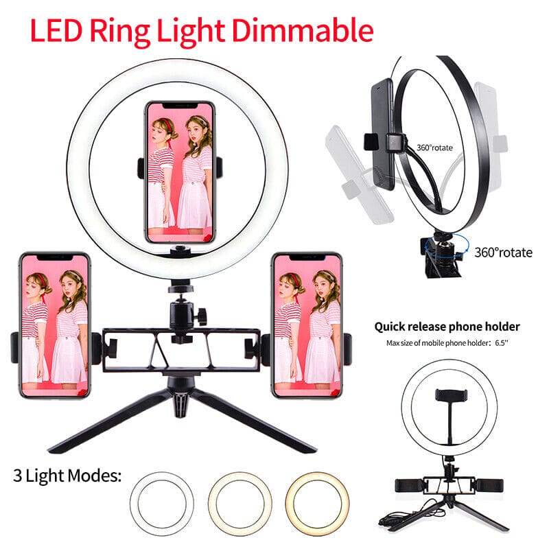 Multi Position Ring Light, Dual Mobile Clip Ring Light, Live Broadcasting Bracket Fill Selfie Ring Light with Tripod Stand, Phone Clamp Fill Lights Supplies, Stabilizer Clip Phone Bracket