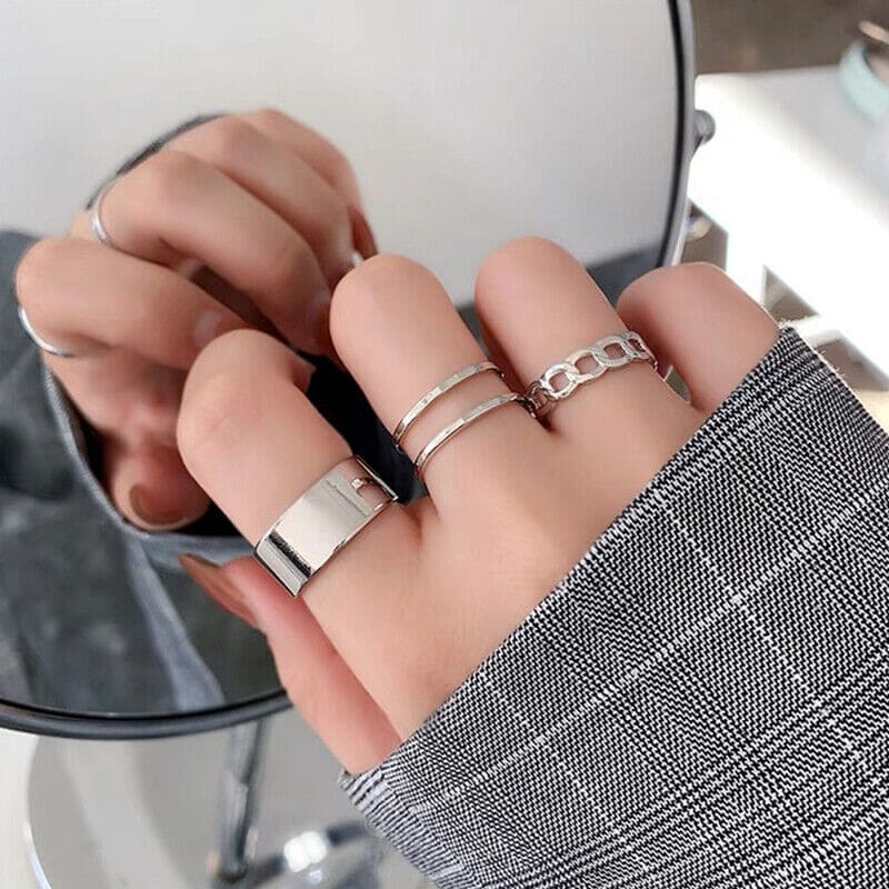 Set Of 3 Metal Alloy Hollow Opening Ring, Silver Adjustable Wide Rings ...