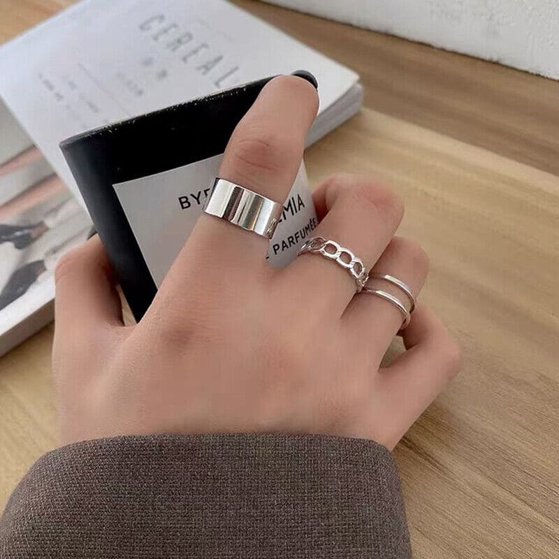 Set Of 3 Metal Alloy Hollow Opening Ring, Silver Adjustable Wide Rings, Simple Fashion Finger Rings