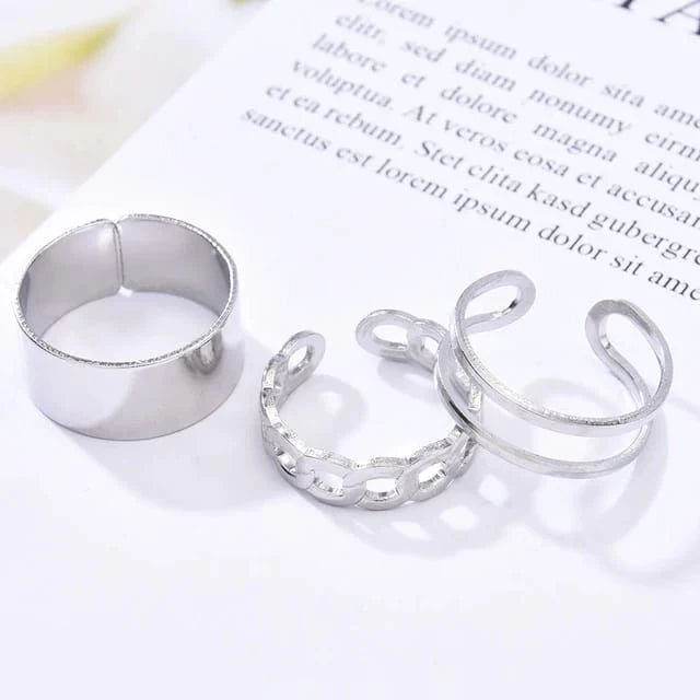 Set Of 3 Metal Alloy Hollow Opening Ring, Silver Adjustable Wide Rings, Simple Fashion Finger Rings Jewellery