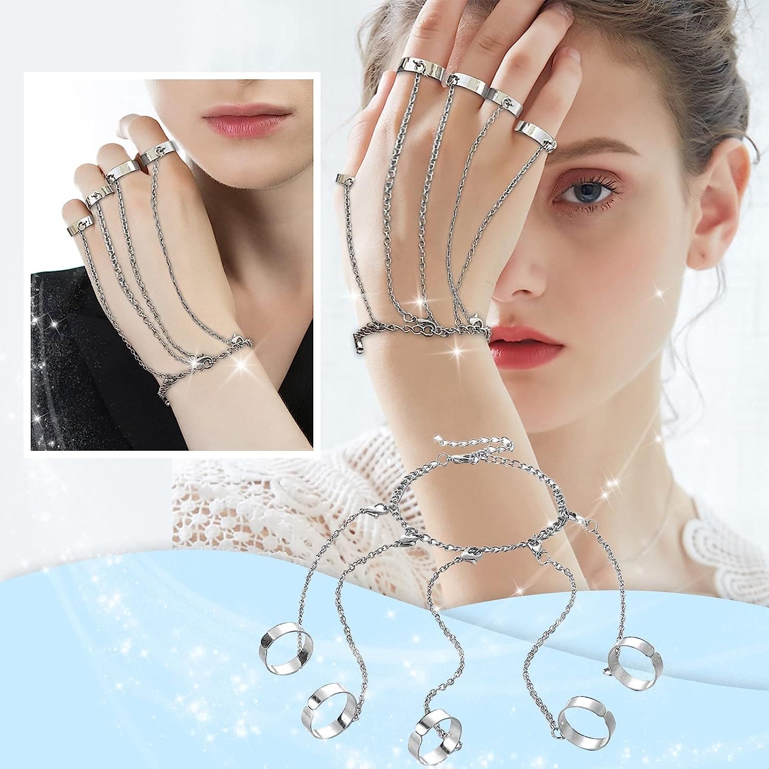 Hip Hop 5 Ring Chain Bracelet, Steel Finger Ring Chain Bracelet, Multilayer Chain Geometric Ring Bracelet,  Cool Statement Stackable Rings Chain Bracelets