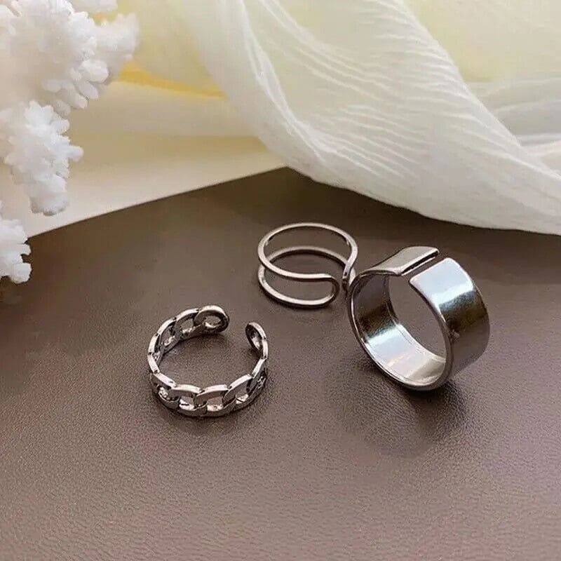 Set Of 3 Metal Alloy Hollow Opening Ring, Silver Adjustable Wide Rings, Simple Fashion Finger Rings