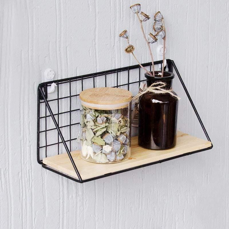 Set Of 2 Versatile Floating Wooden Shelf, Nordic Style Iron Wall Dormitory Stand, Multipurpose Home Organization Rack, Iron Kitchen Bathroom Shelf, Black Wire and Natural Wood Shelf, Home Decorative Hanging Grid Basket, Wall Art Shelve Flower Pot Stand