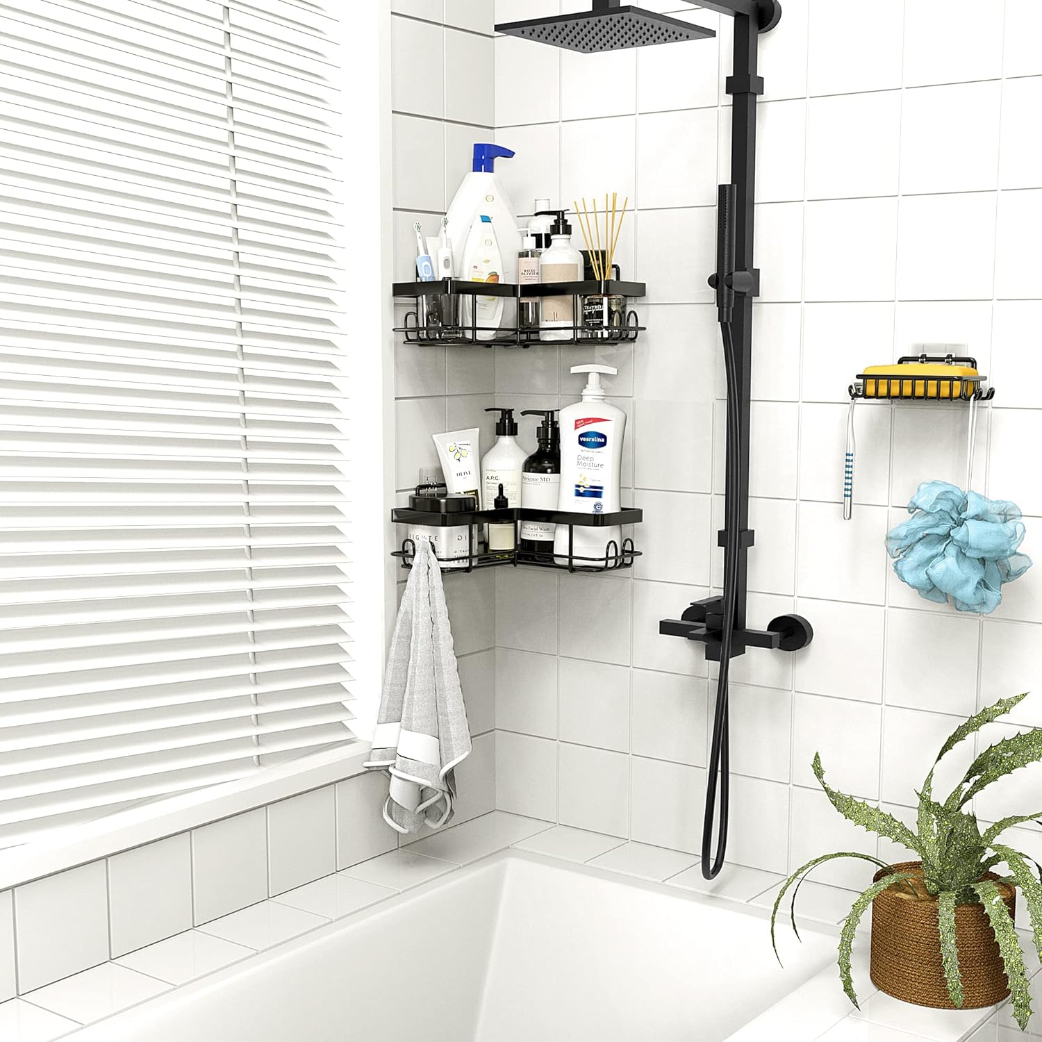Set Of 5 Mesh Shower Shelves, Multipurpose Wall Storage Racks, Stainless Steel Bathroom Corner Baskets, Shower Basket for Hanging, Shampoo, Shower Gel, Soap Holder