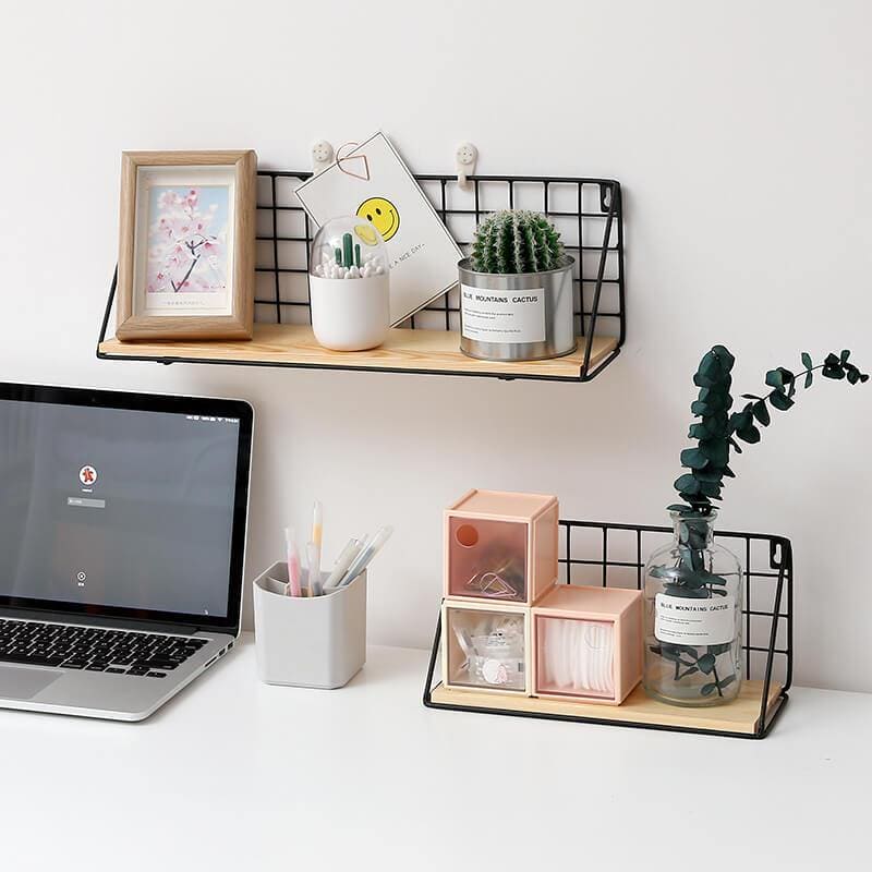 Set Of 2 Versatile Floating Wooden Shelf, Nordic Style Iron Wall Dormitory Stand, Multipurpose Home Organization Rack, Iron Kitchen Bathroom Shelf, Black Wire and Natural Wood Shelf, Home Decorative Hanging Grid Basket, Wall Art Shelve Flower Pot Stand