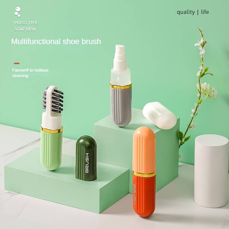 Sneakers Cleanings Brush, 3 In 1 Multifunctional Cleaning Brush, Dual Bristles Shoe Brush, Travel Sneaker Cleaner Kit, Portable Liquid Spray Household Cleaning Brush, Press Shoe Washing Brush with Soap Dispenser
