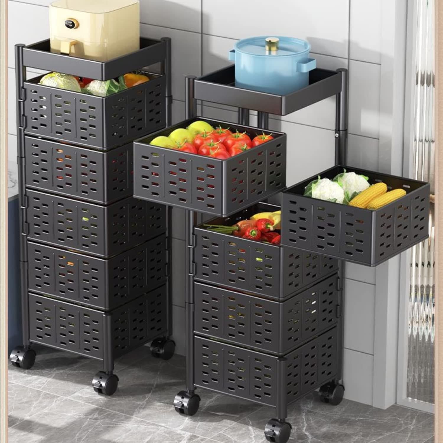Square Multi Tier Rotating Storage Basket, 360° Rotating Fruit and Vegetable Stand, Kitchen Storage Rack with Mesh Baskets & Wheels, Mobile Kitchen Storage Fruit and Vegetable Holder